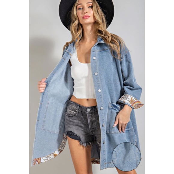 SOLD OUT Denim Blue Mineral Washed Oversized Long Jacket w/ Paisley Cuff Detail - Picture 2 of 11